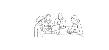A group of young people sitting together and talking in continuous line art style. Sketch of meeting communication in minimalist black line isolated on white background. vector