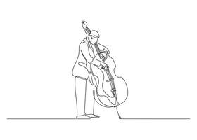 Jazz musician playing the double bass in continuous line drawing style. Minimalist double bass player in black linear sketch isolated on white background vector