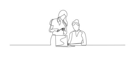 Two women working on laptop in continuous line art style. Sketch of two woman working in minimalist black line isolated on white background. vector