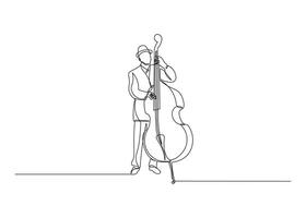 Jazz musician playing the double bass in continuous line drawing style. Minimalist double bass player in black linear sketch isolated on white background. vector