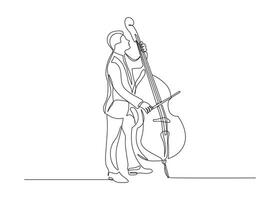 Jazz musician playing the double bass, cello in continuous line drawing style. Minimalist double bass, cello players in black linear sketch isolated on white background. vector