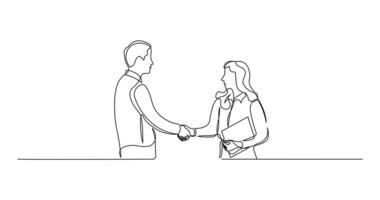 Job interview - modern simple one continuous line design composition with recruiter and candidate. Continuous Line Drawing of man and women are shaking hand and talking. vector