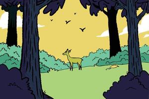 A beautiful forest with tall trees and birds flying in the sky, a deer standing on the grass vector