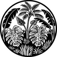 A black and white drawing of a jungle with many different types of leaves. tropical leave and plant vector