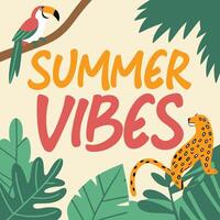Summer vibes are displayed on a poster featuring a colorful jungle scene with a parrot and a jaguar vector