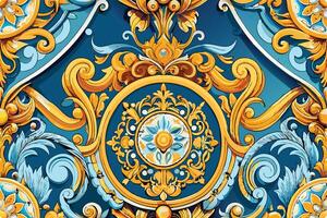 A blue and gold design with a flower pattern vector