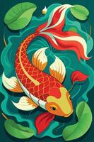 A colorful koi fish with a red tail swimming in a pond vector