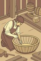 A man is working on a wooden bowl in a workshop vector