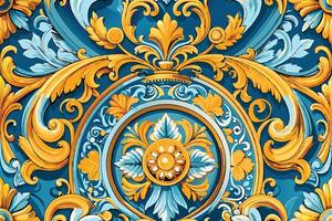 A blue and gold design with a flower seamless pattern vector