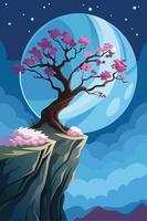 A cherry blossom tree on the edge of a cliff, pink blossoms against a backdrop of a full moon and blue sky vector