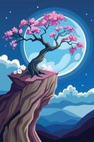 A tree is on a rock with a full moon in the background vector