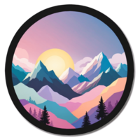 A colorful mountain landscape with trees and sun png