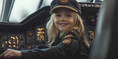 A little girl in a pilot's uniform smiling photo