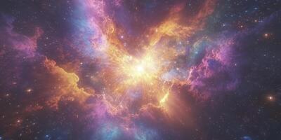 An explosion of colors and shapes, resembling an exploding nebula in space, with vibrant hues of purple, blue, orange, yellow, and pink, creates a mesmerizing visual effect. Concept of hope. photo