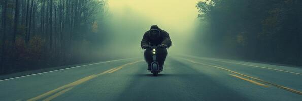 A person riding a scooter down a road in the fog photo