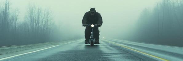 A person riding a scooter down a road in the fog photo