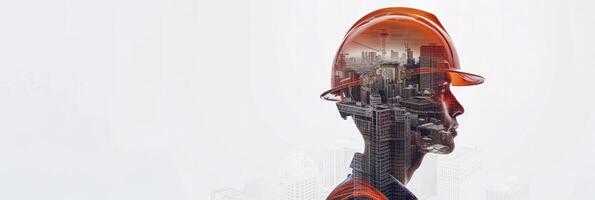 Double exposure construction worker with helmet and cityscape isolated on white background photo