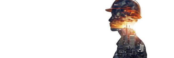 Double exposure construction worker with helmet and cityscape isolated on white background photo