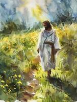 Watercolor of Jesus walking on the path through an open field with yellow wildflowers photo