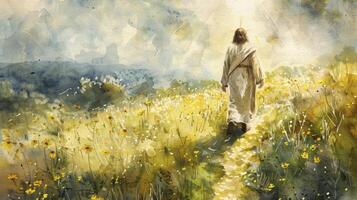 Watercolor of Jesus walking on the path through an open field with yellow wildflowers photo