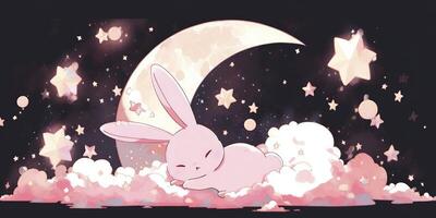 lovable anime character rabbit with stars and it was laying on a moon painting and solid background photo