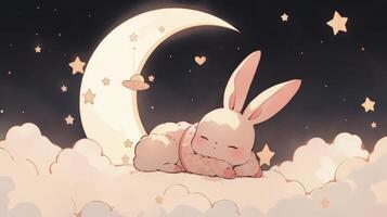 lovable anime character rabbit with stars and it was laying on a moon painting and solid background photo