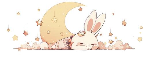 lovable anime character rabbit with stars and it was laying on a moon painting and solid background photo