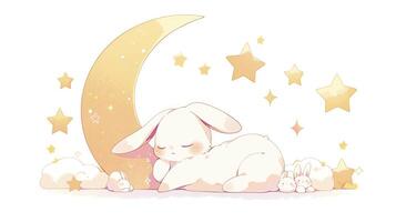 lovable anime character rabbit with stars and it was laying on a moon painting and solid background photo