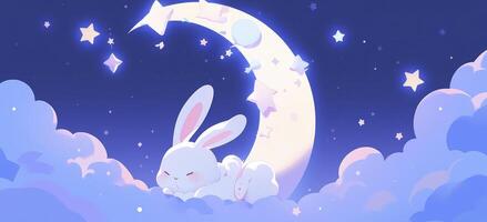 lovable anime character rabbit with stars and it was laying on a moon painting and solid background photo