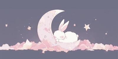 lovable anime character rabbit with stars and it was laying on a moon painting and solid background photo