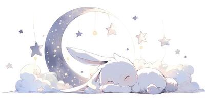 lovable anime character rabbit with stars and it was laying on a moon painting and solid background photo