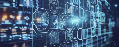 Digital technology business network concept with hexagon pattern and various images of businessman working in office, science research lab or factory production line on blue city background. photo