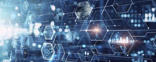 Digital technology business network concept with hexagon pattern and various images of businessman working in office, science research lab or factory production line on blue city background. photo