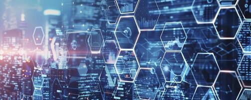 Digital technology business network concept with hexagon pattern and various images of businessman working in office, science research lab or factory production line on blue city background. photo