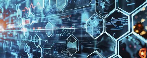Digital technology business network concept with hexagon pattern and various images of businessman working in office, science research lab or factory production line on blue city background. photo