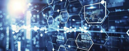 Digital technology business network concept with hexagon pattern and various images of businessman working in office, science research lab or factory production line on blue city background. photo