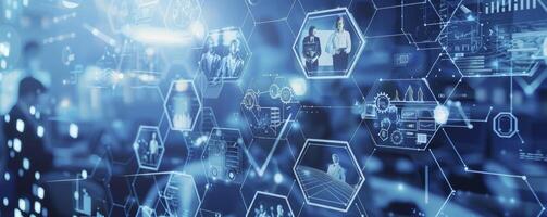 Digital technology business network concept with hexagon pattern and various images of businessman working in office, science research lab or factory production line on blue city background. photo
