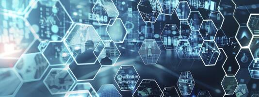 Digital technology business network concept with hexagon pattern and various images of businessman working in office, science research lab or factory production line on blue city background. photo