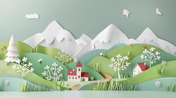 Springtime Serenity. A Charming Paper Art Landscape of Village photo