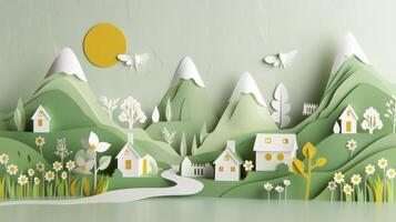 Springtime Serenity. A Charming Paper Art Landscape of Village photo