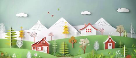Springtime Serenity. A Charming Paper Art Landscape of Village photo