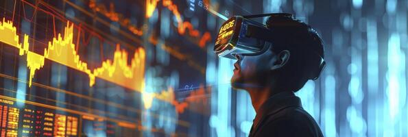 Business Concept Visualization, Businessman in VR Headset Immersed in Virtual World of Data Graphics and Stocks photo