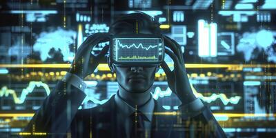 Business Concept Visualization, Businessman in VR Headset Immersed in Virtual World of Data Graphics and Stocks photo