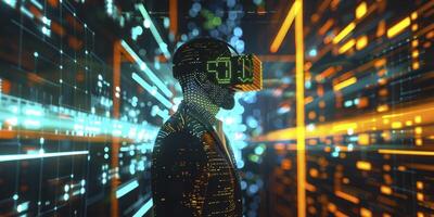 Business Concept Visualization, Businessman in VR Headset Immersed in Virtual World of Data Graphics and Stocks photo