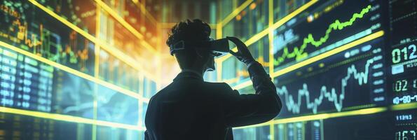 Business Concept Visualization, Businessman in VR Headset Immersed in Virtual World of Data Graphics and Stocks photo