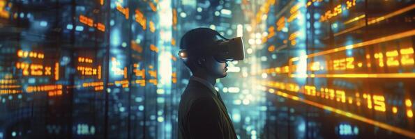 Business Concept Visualization, Businessman in VR Headset Immersed in Virtual World of Data Graphics and Stocks photo