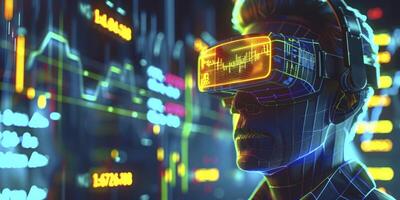 Business Concept Visualization, Businessman in VR Headset Immersed in Virtual World of Data Graphics and Stocks photo