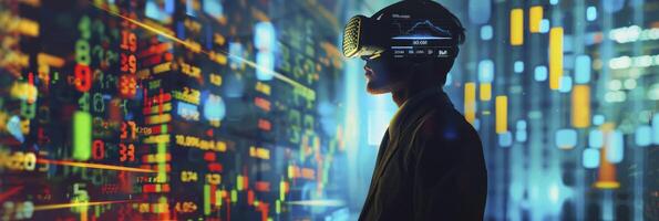 Business Concept Visualization, Businessman in VR Headset Immersed in Virtual World of Data Graphics and Stocks photo