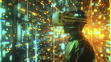 Business Concept Visualization, Businessman in VR Headset Immersed in Virtual World of Data Graphics and Stocks photo