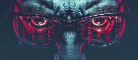 Man Wearing Glasses Featuring Digital Code Visualized on the Eye, Concept of Data Visualization photo